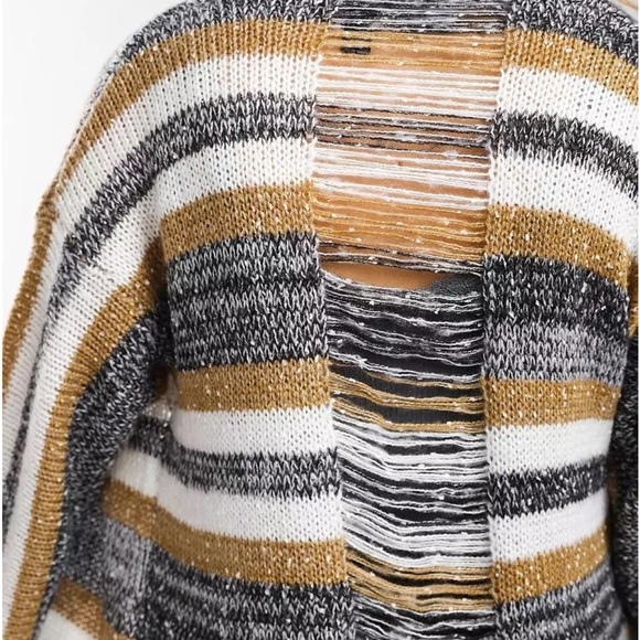 Daytrip Shredded Back Knit Cardigan Size Large Striped Longline Duster - Picture 4 of 9